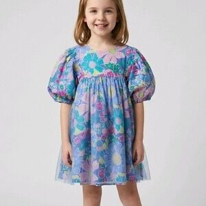 Finding Foxtale Dress Blue Floral Tulle Overlay Puff Sleeve Whimsical Size 6